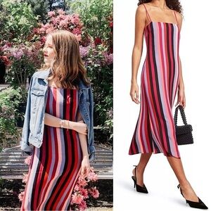 REFORMATION 90s Graphic Colorblock Stripe Square Neck Sleeves‎ Midi Slip Dress 0
